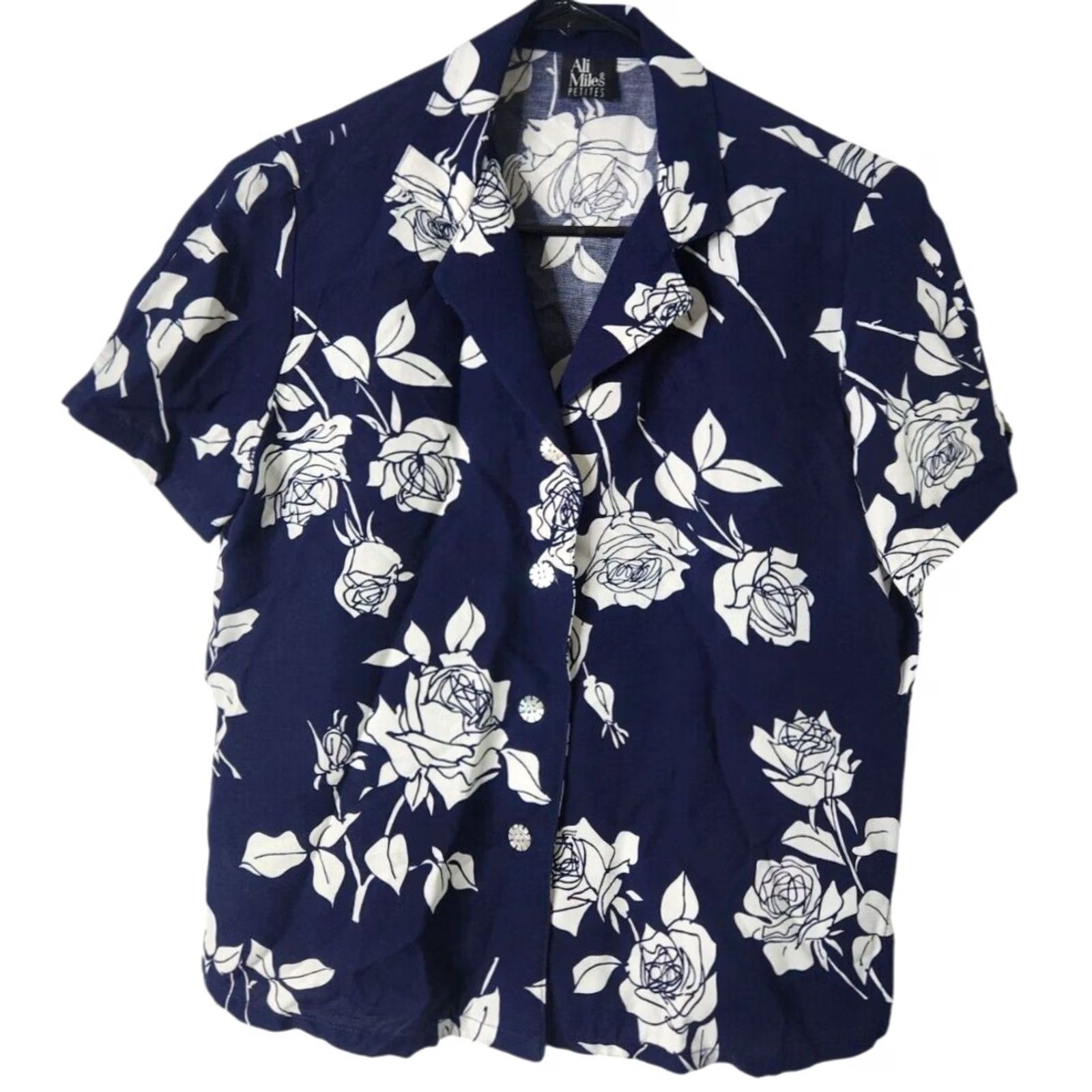 Vintage Ali Miles Top Shirt Floral Navy Petite S Size S / US 4 / IT 40 - 2 Thumbnail
