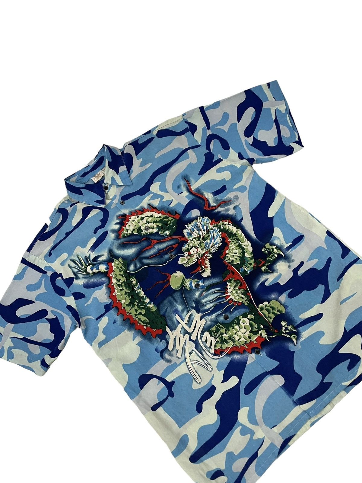Japanese Brand Sukajan button up tee all overprint camo motif dragon Size US M / EU 48-50 / 2 - 3 Thumbnail