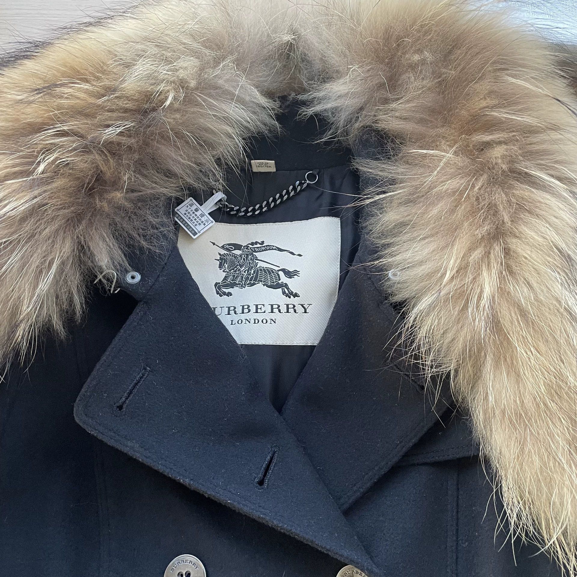 Burberry BBR cashmere coat Women's blk detachable wolf fur collar 36 Size XS / US 0-2 / IT 36-38 - 4 Thumbnail