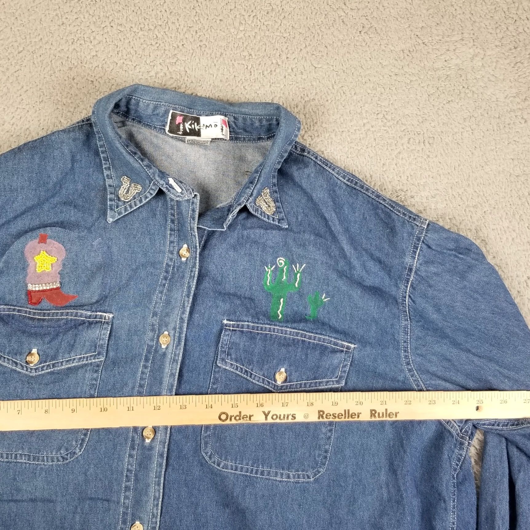 Denime Kikomo Western Denim Shirt Women 18W Long Sleeve Beaded Boots Horse Cactus Cowboy Buttons 100% Cotton Blue Vintage Plus Size Women Size XXL / US 16-18 / IT 52-54 - 5 Thumbnail