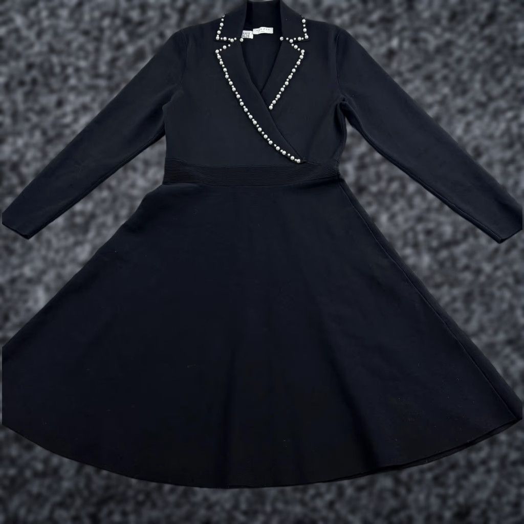 Sandro Sandro Dress Womens 42 Black Knit Pearl Trim Collar Fit & Flare Long Sleeve Dress Size M / US 6-8 / IT 42-44 - 1 Thumbnail