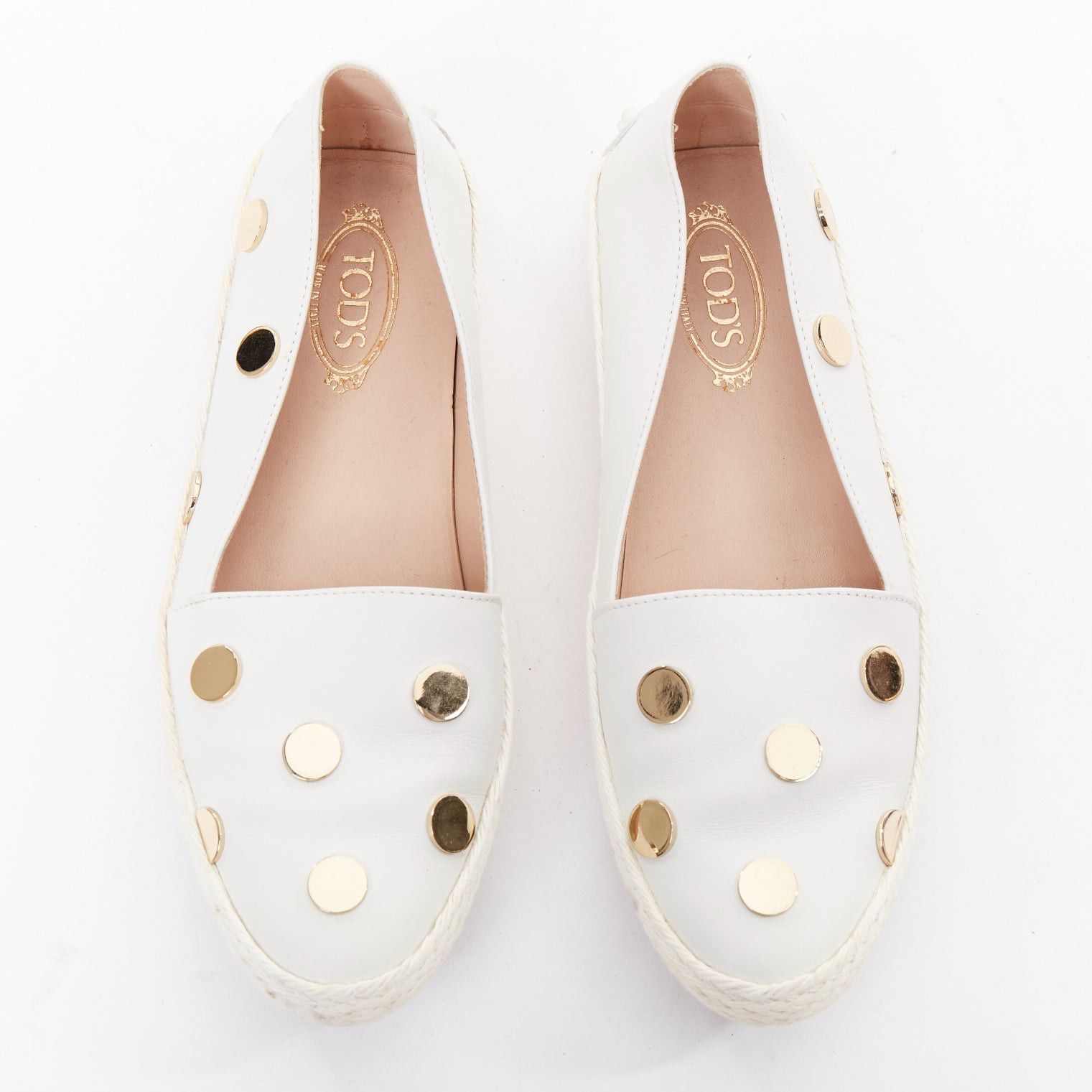 Tod's TOD'S white gold mirror polka dot leather espadrille loafers EU36 Size US 6 / IT 36 - 1 Thumbnail