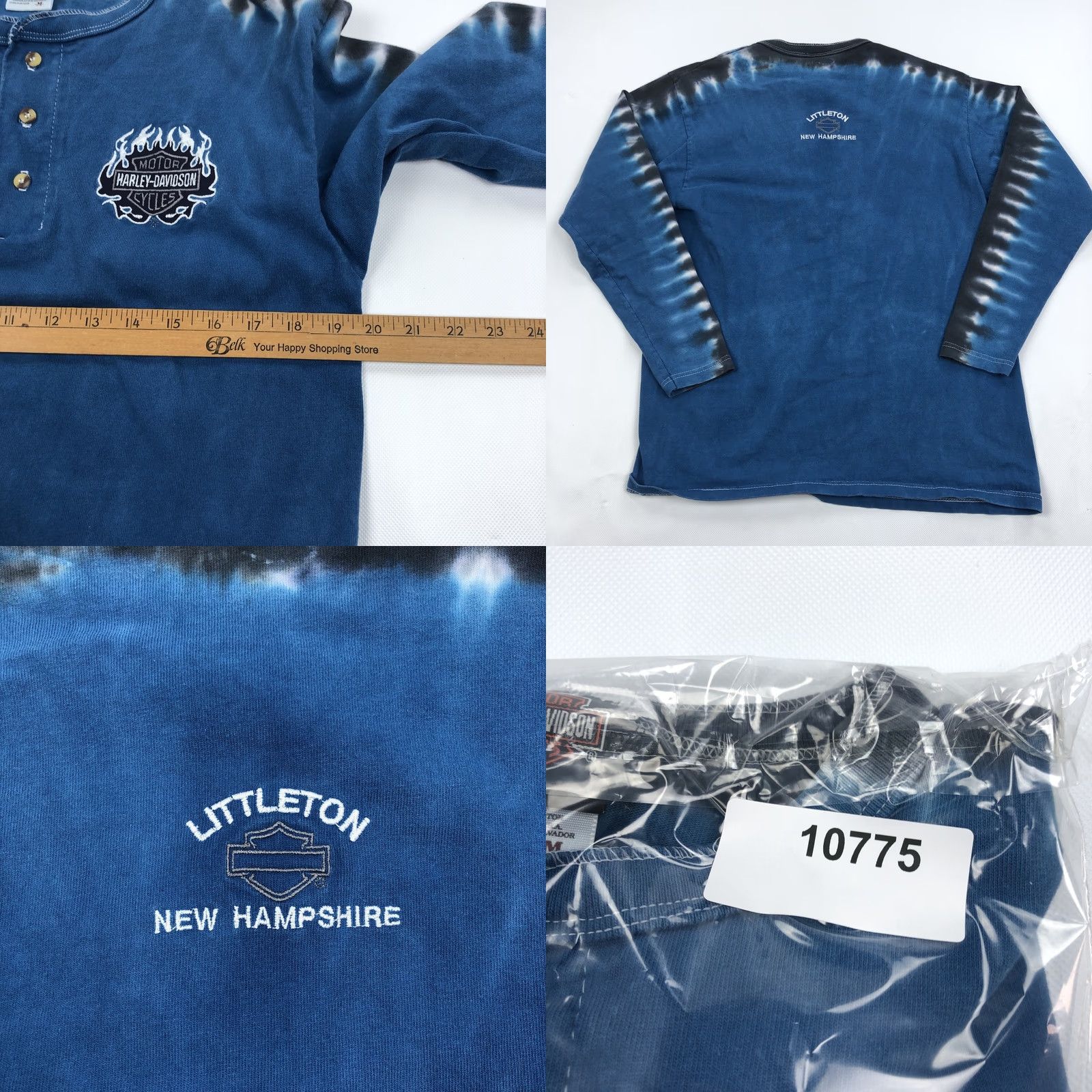 Harley Davidson Harley-Davidson Mens Tie-Dye Long Sleeve Henley T-Shirt M Blue/Black/White Flame Embroidered Logo Shirt Size US M / EU 48-50 / 2 - 8 Thumbnail