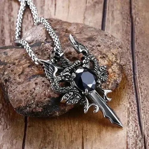 Jewelry Double Dragon Sword Pendant Necklace Size ONE SIZE - 2 Thumbnail