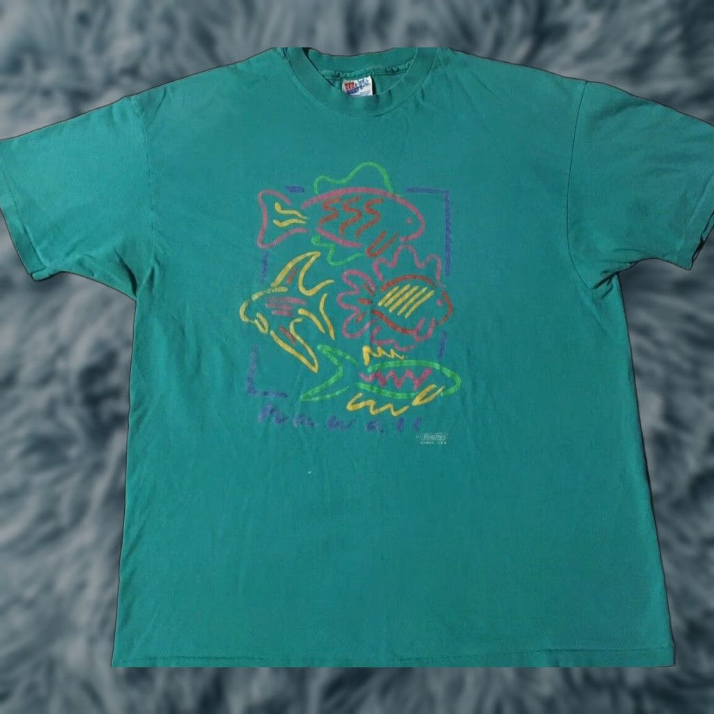 Vintage VINTAGE Hawaii Abstract Fish Shirt XL USA Art Beach Surf Grunge 90s OP Ocean Pacific 80s Single Stitch Mens T-Shirt Green Front Graphic Tee Size US XL / EU 56 / 4 - 1 Thumbnail