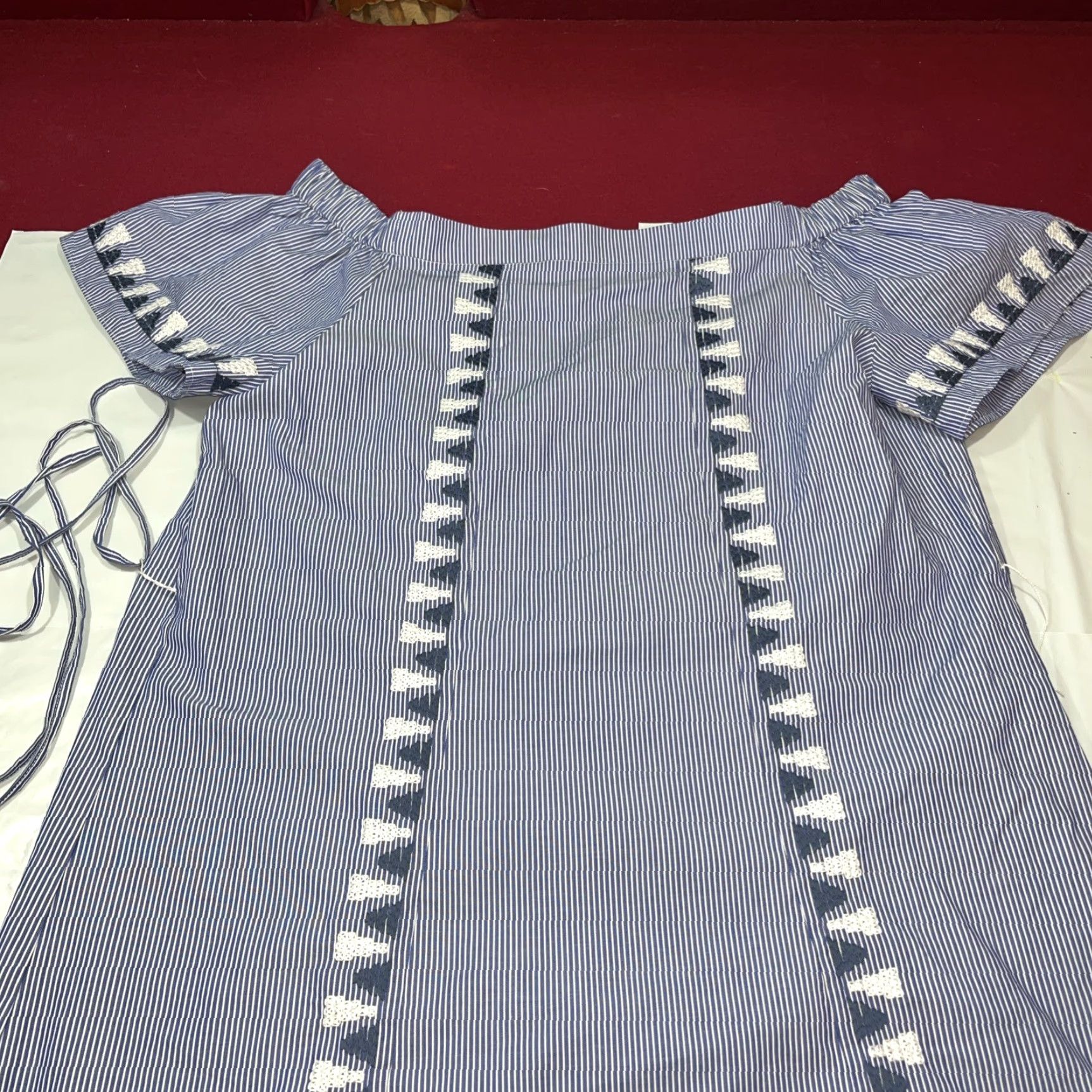 Vintage Stella & Dot Navy Blue DRESS White Striped Embroidery, Off Shoulder Straps L XL Size XL / US 12-14 / IT 48-50 - 3 Thumbnail