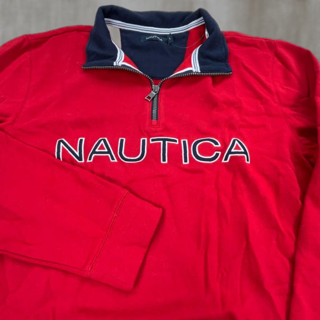 Nautica Nautica Sweatshirt Mens Large Red Blue Pullover 1/4 Zip Logo Graphic Print Mock Neck Zip Modern Nautical Preppy Classic Size US L / EU 52-54 / 3 - 1 Thumbnail