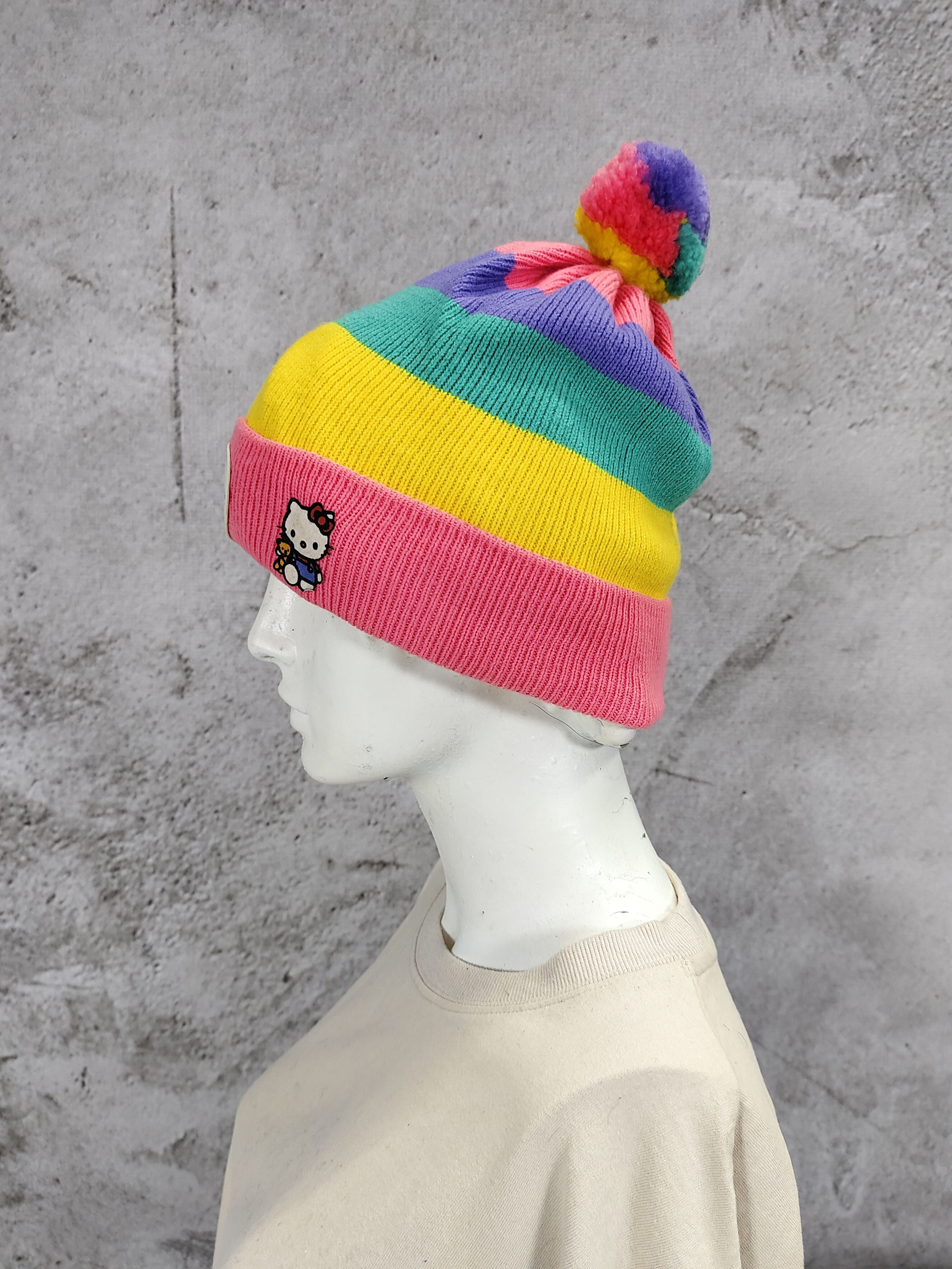 Japanese Brand 2000s Hello Kitty- Kawaii Harajuku Rainbow Stripe Beanie Hat Size ONE SIZE - 2 Thumbnail