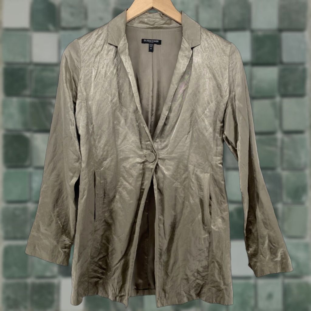 EILEEN FISHER Blazer Jacket PP Petite Cotton Nylon Satin Steel One-Button Silver Notch Lapel Long Sleeve Regular Fit Women’s Clothing