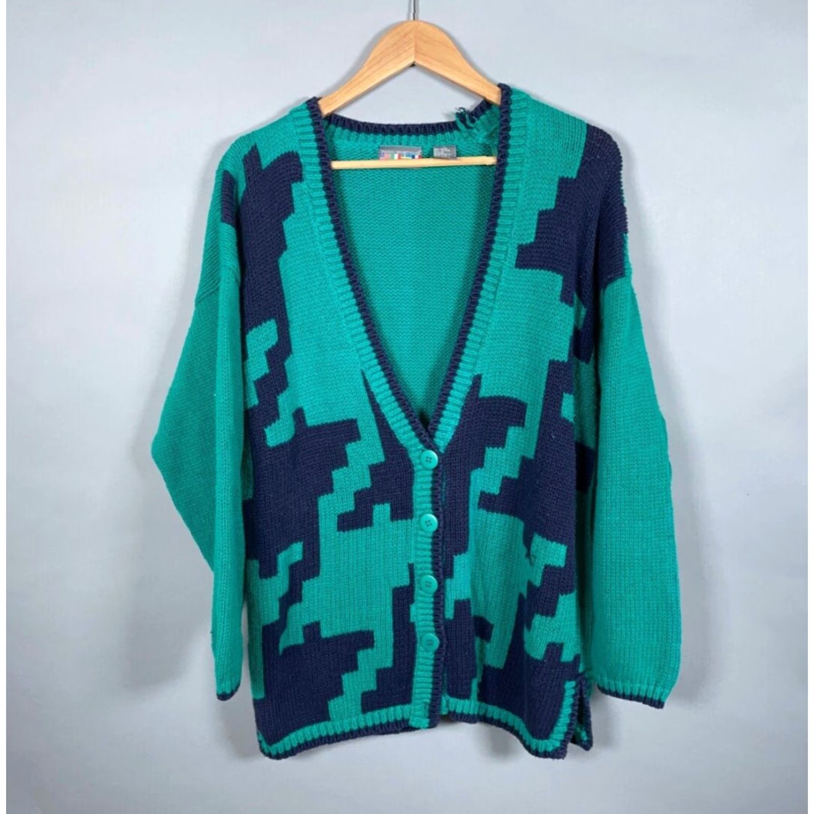 Vintage Vintage 90s Geometric Pattern Cotton Chunky Knit Cardigan Women's Medium Green Blue Hipster Retro Size M / US 6-8 / IT 42-44 - 2 Thumbnail