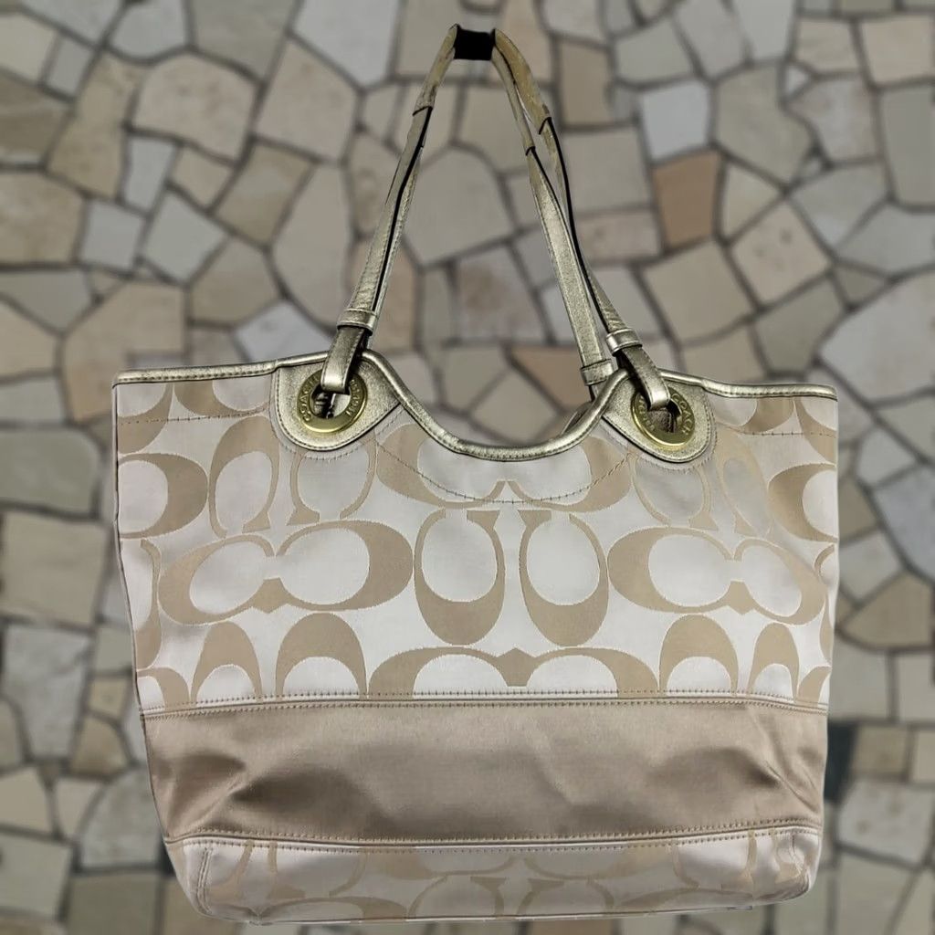 Coach Coach Signature Stripe Tote Bag F19565 Light Khaki Gold Leather Sateen Pockets Lined Women Tote Size ONE SIZE - 1 Thumbnail