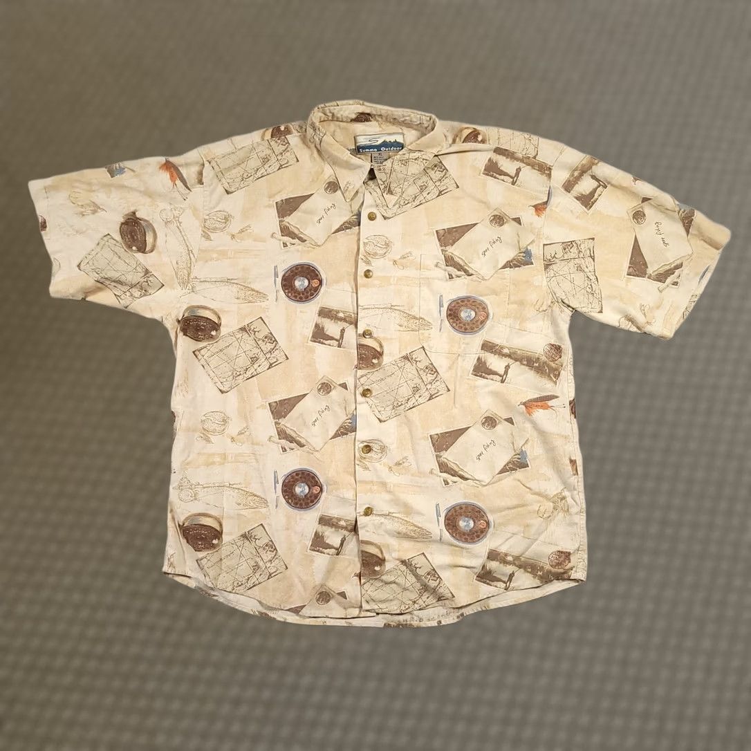 Vintage Summa Shirt Mens XL Silk Blend Hawaiian Beach Aloha Short Sleeve Button-Up Collared Beach Theme Beige" Size US XL / EU 56 / 4 - 1 Thumbnail