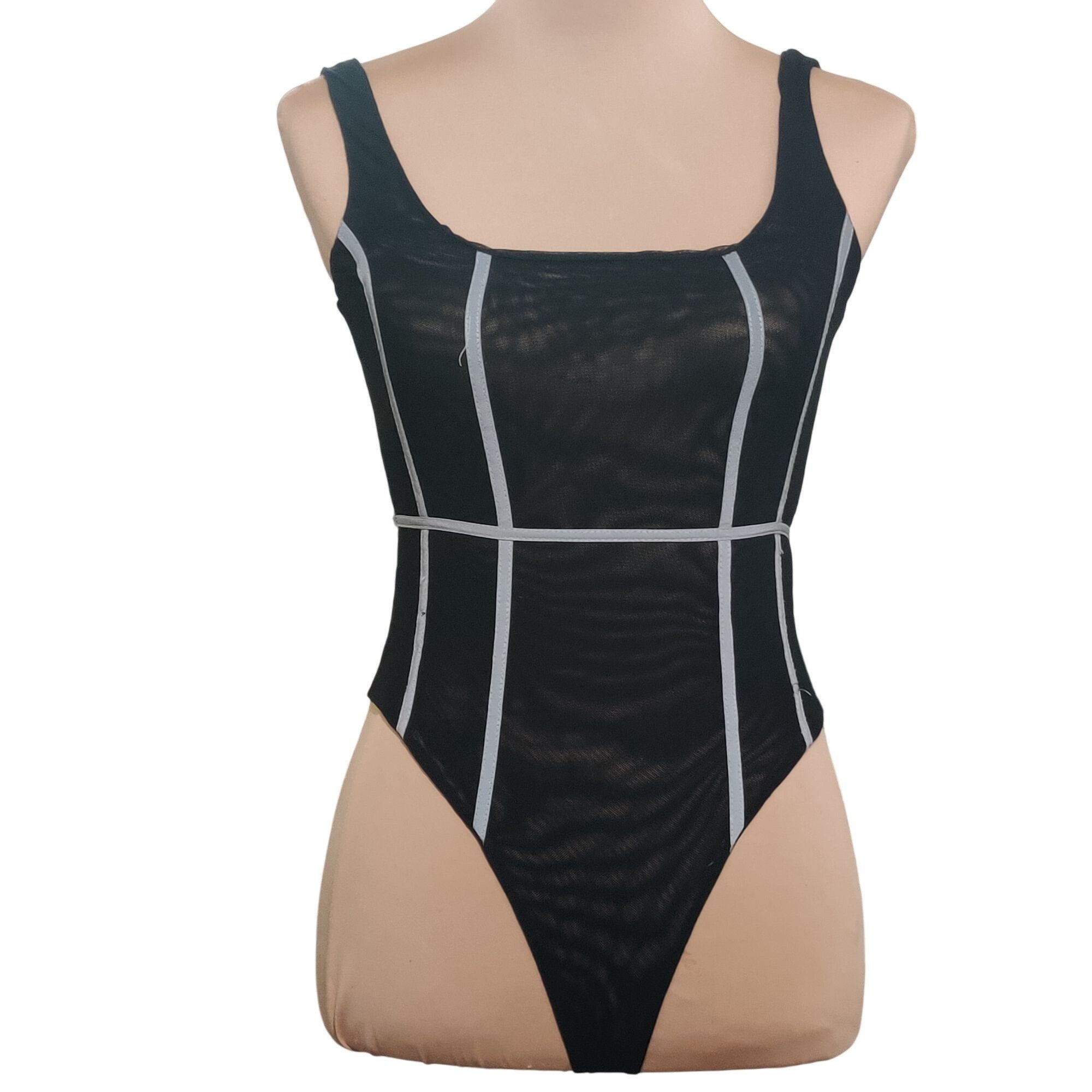 Other Basicbxxch Womens Bodysuit Black Mesh Reflective Silver Pipi Size S / US 4 / IT 40 - 1 Thumbnail