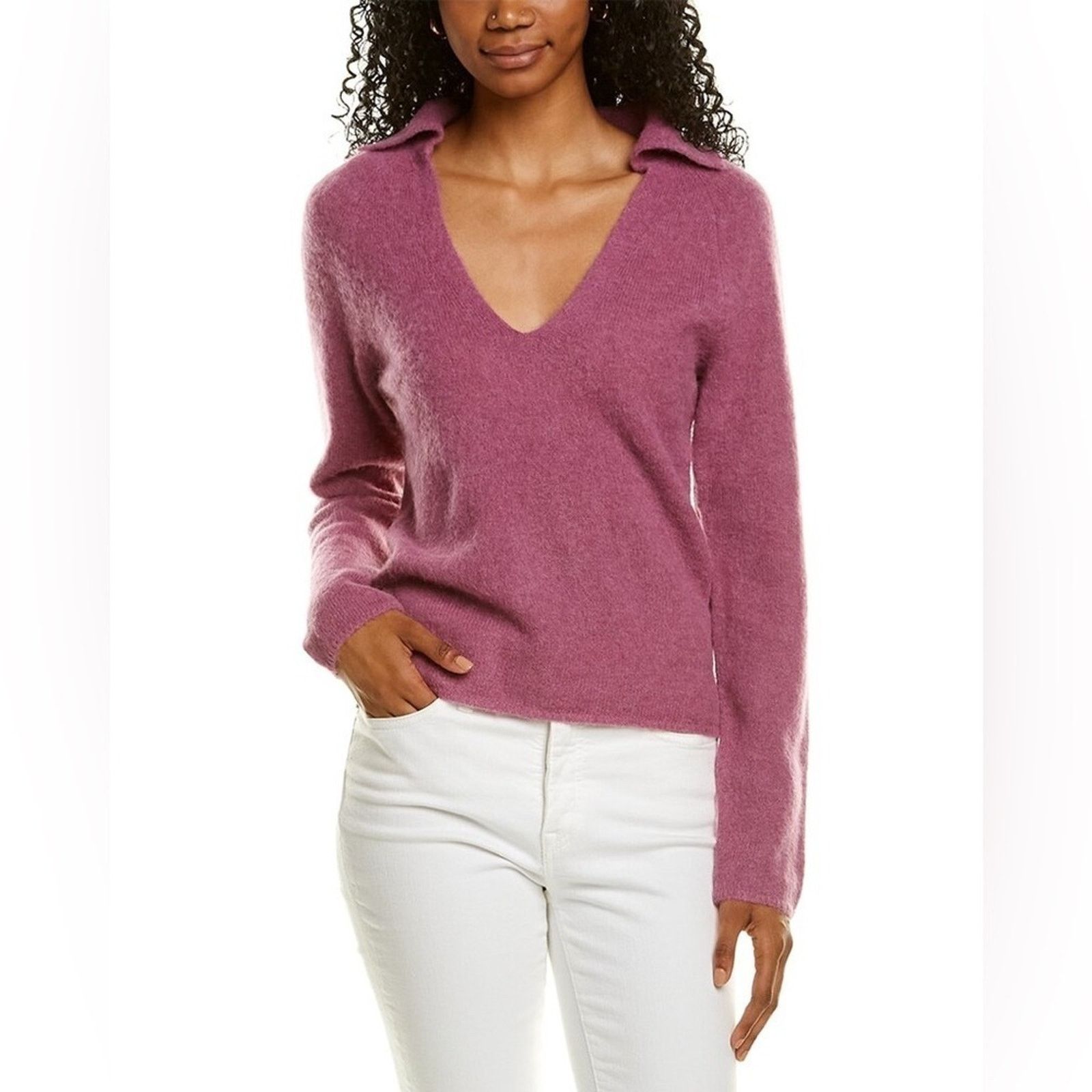 Vince VINCE Brushed V Neck Polo Alpaca & Wool-Blend Sweater Pink S Size S / US 4 / IT 40 - 4 Thumbnail