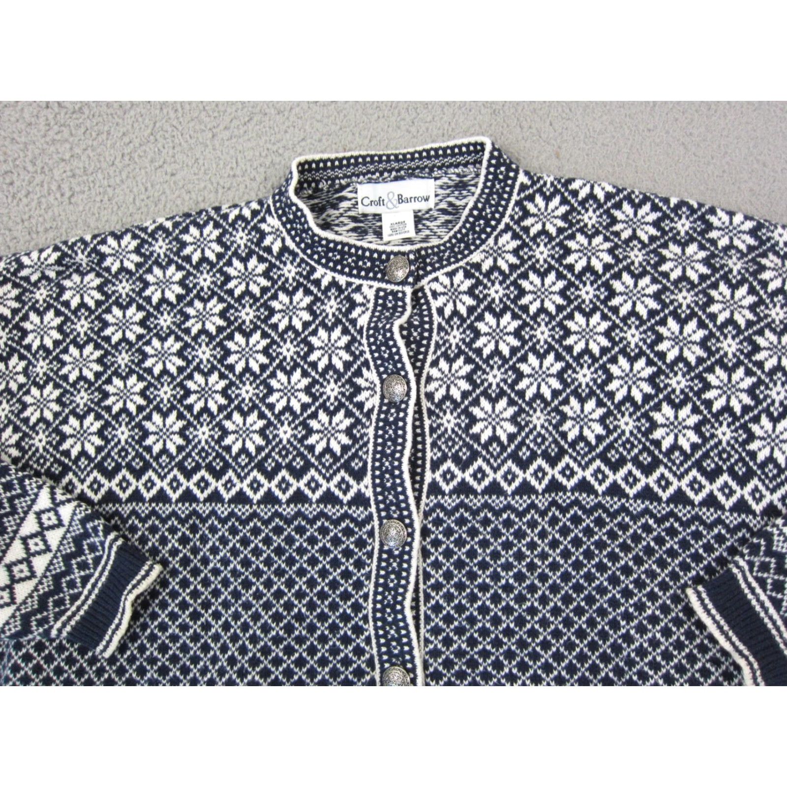 Barrow VINTAGE Croft & Barrow Cardigan Womens XL Blue White Diamond Sweater Size XL / US 12-14 / IT 48-50 - 2 Thumbnail