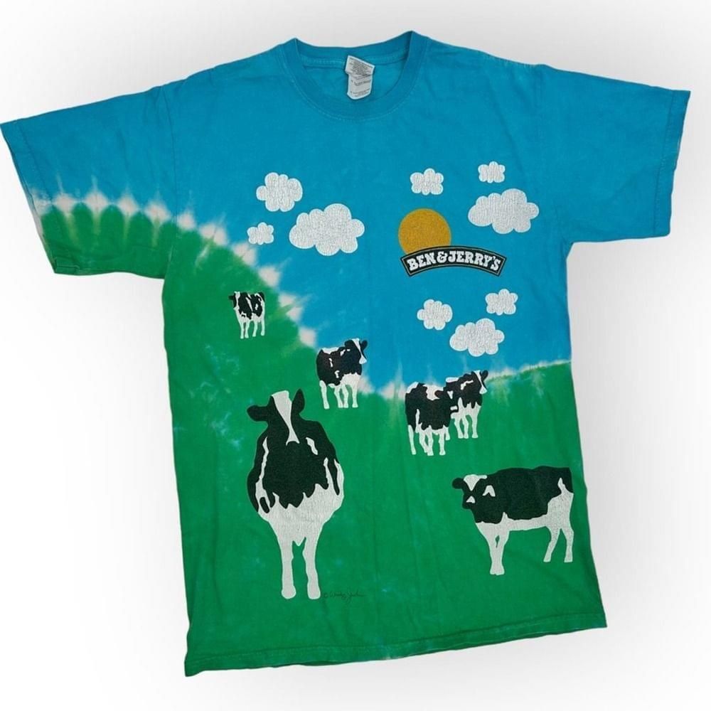 image of Vintage Ben & Jerrys Woody Jackson Cow Tie Dye Shirt in Green, Men's (Size Medium)