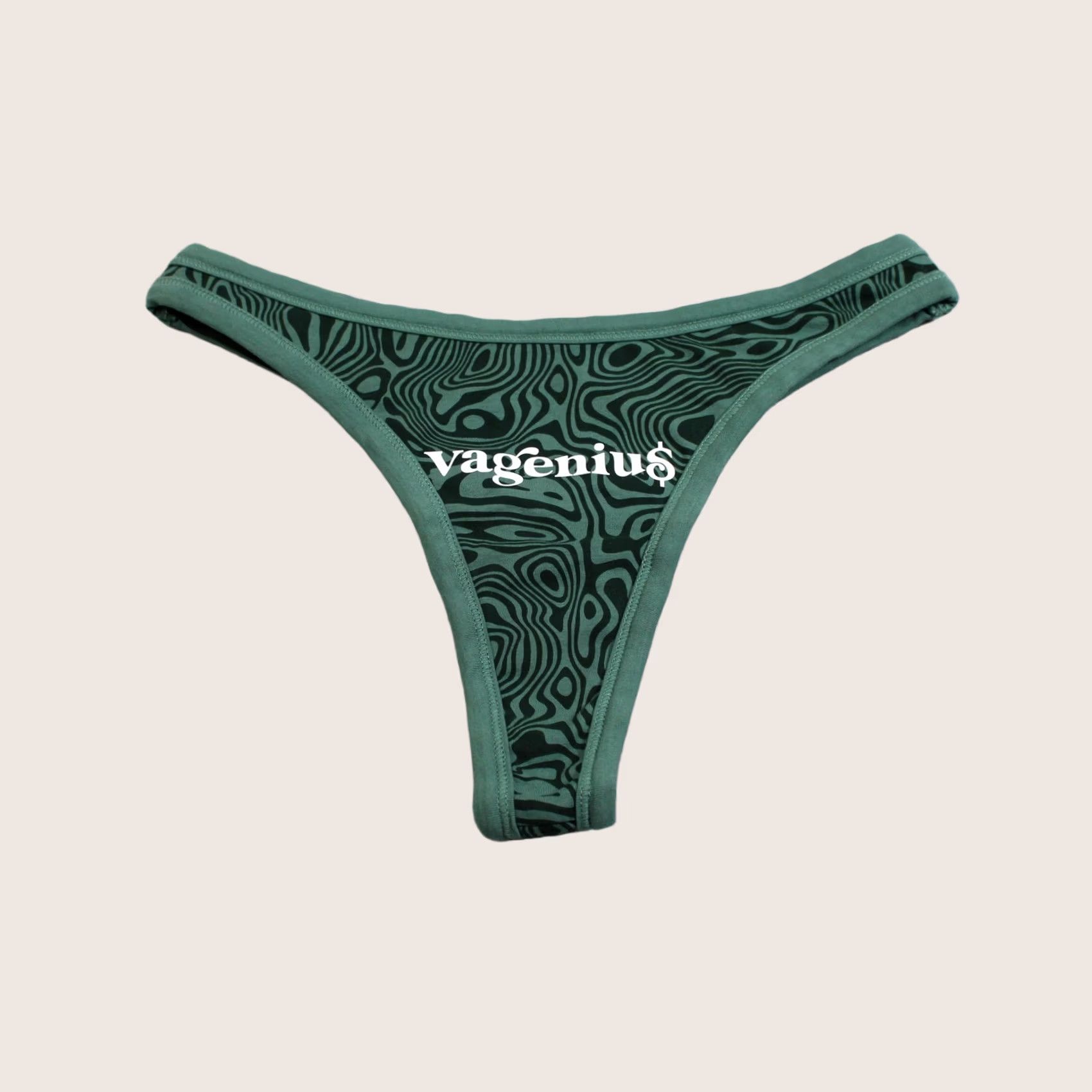 Vintage Discreture Thong Panties Women Medium Green High Leg Organic Cotton Geometric Vageniu$ Logo Novelty Fashion underwear Size 32" / US 10 / IT 46 - 1 Thumbnail