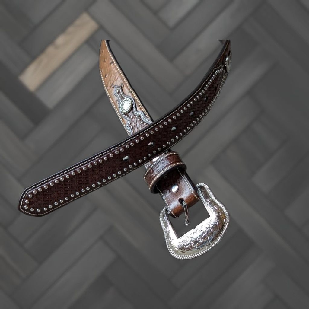 Vintage VINTAGE Nocona belt OSTRICH brown 28 buckle western belt CONCHO leather 1-1/4" woven Southwestern (adjusted to maintain original words and rules) Size 28 - 1 Thumbnail