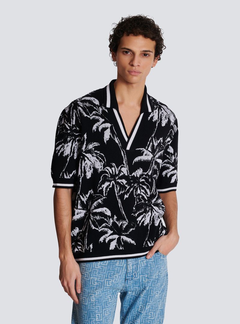 Balmain o1mt1gz0126 Palm Knit Polo Shirt in Black/White Size US L / EU 52-54 / 3 - 3 Thumbnail