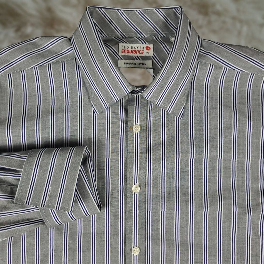 Ted Baker VINTAGE Ted Baker London Dress Shirt Men 17.5 Gray Long Sleeve Business Casual Formal Wedding French Cuff Size 46R - 1 Thumbnail