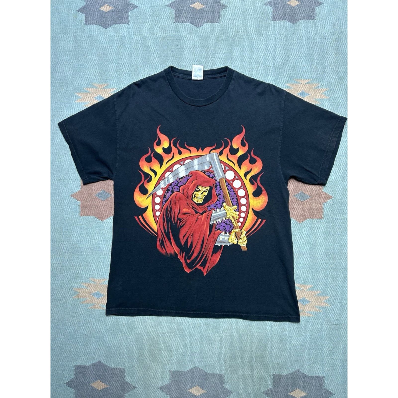 Vintage VINTAGE Grim Reaper T-Shirt Black Men Adult Large Grunge Skull Skeleton Flames Graphic Shirt U.S. Dept Men Gr | Note: 21" pit to pit, 28" length Size US L / EU 52-54 / 3 - 2 Thumbnail