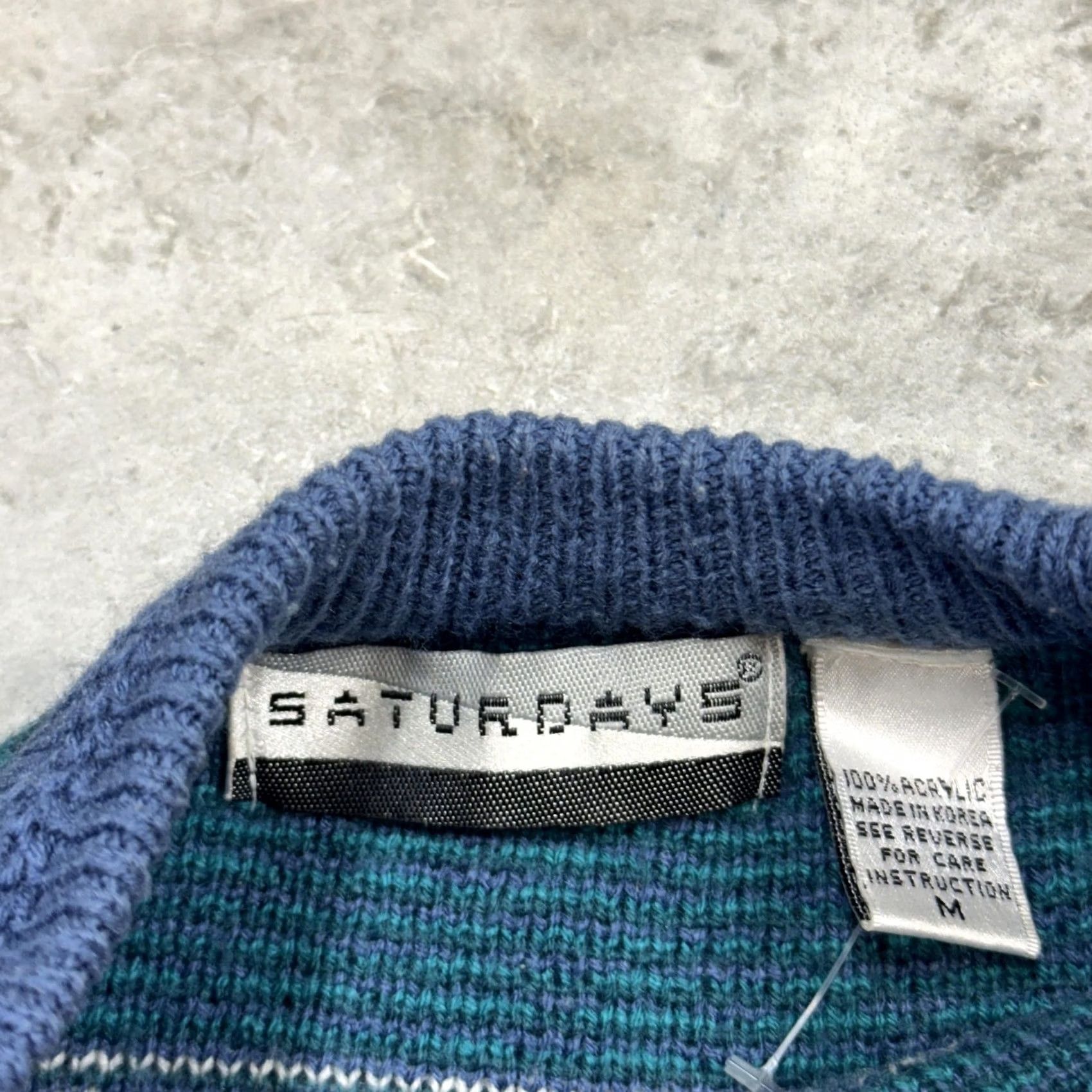 Saturdays NYC Vintage Saturdays Sweater Mens Medium Blue Teal Acrylic Knit Pattern 80s Retro Graphic Print Crew Neck Pullover Size US M / EU 48-50 / 2 - 2 Thumbnail