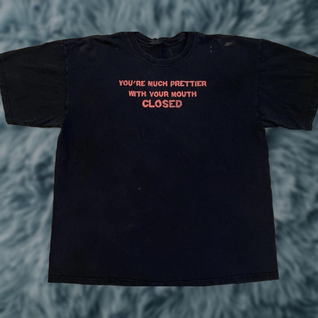 CLOSED VINTAGE You’re Much Prettier With Your Mouth Closed Faded Shirt Grunge Mens T-Shirt L Black 90s Y2K Funny Joke Band Punk Rock Humor Sarcasm Size US L / EU 52-54 / 3 - 1 Thumbnail