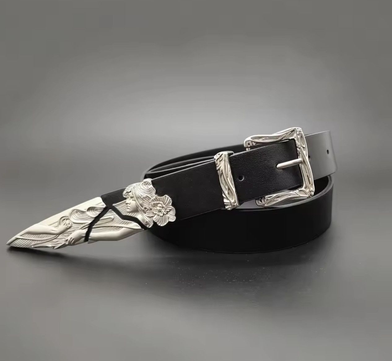 Leather Irrgular Silver Curving Buckle PU Leather Belt Size ONE SIZE - 4 Thumbnail