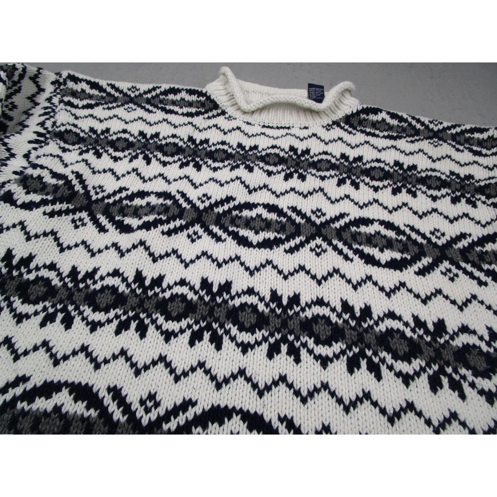 Gap VINTAGE GAP Sweater Shirt Mens Large White Blue Fair Isle Nordic Knit Mock Neck 100% Cotton Pullover Retro Winter 90s Mens Size US L / EU 52-54 / 3 - 2 Thumbnail