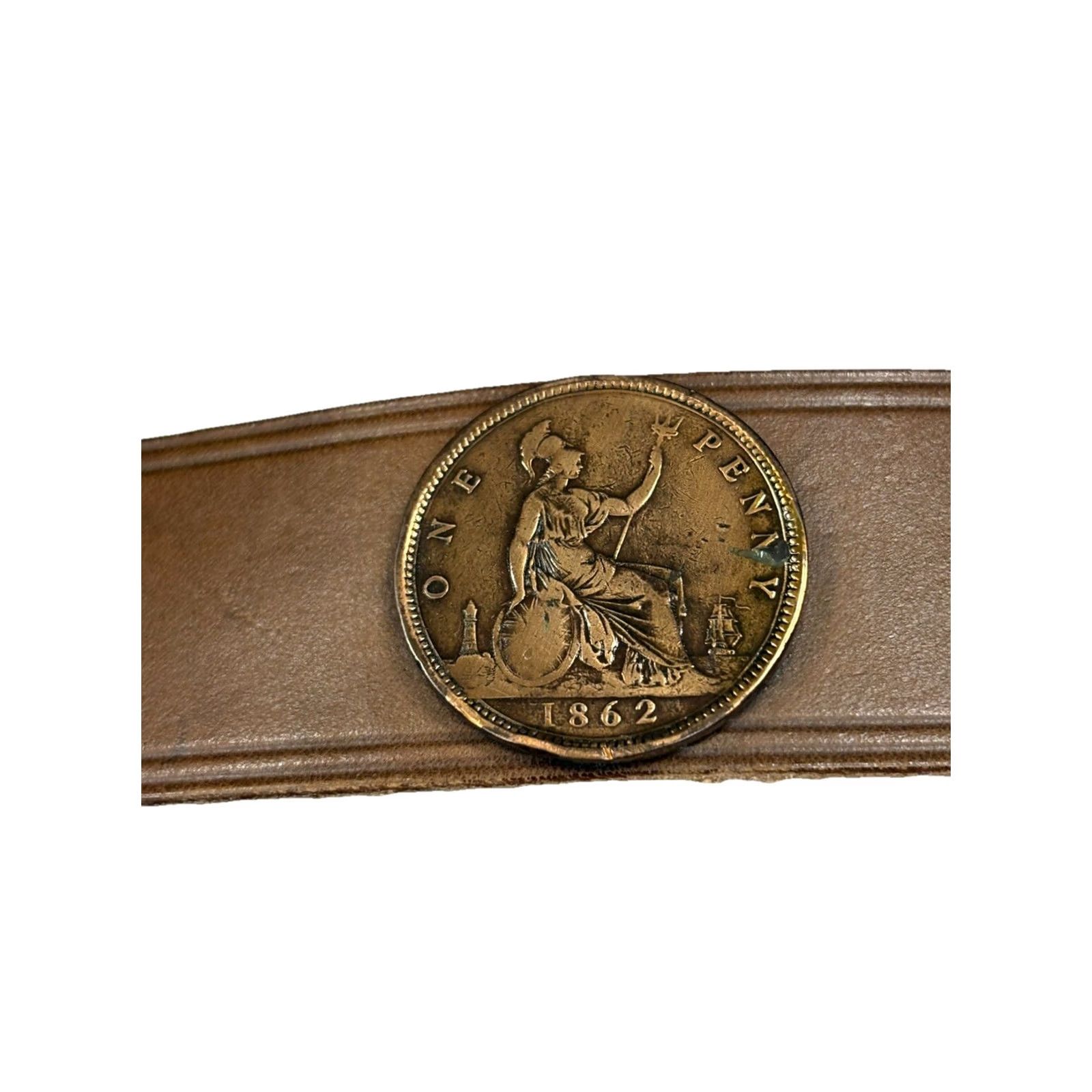Vintage VINTAGE Royden Brown Leather Belt Brass Buckle Coins Made in USA Men Size ONE SIZE - 4 Thumbnail