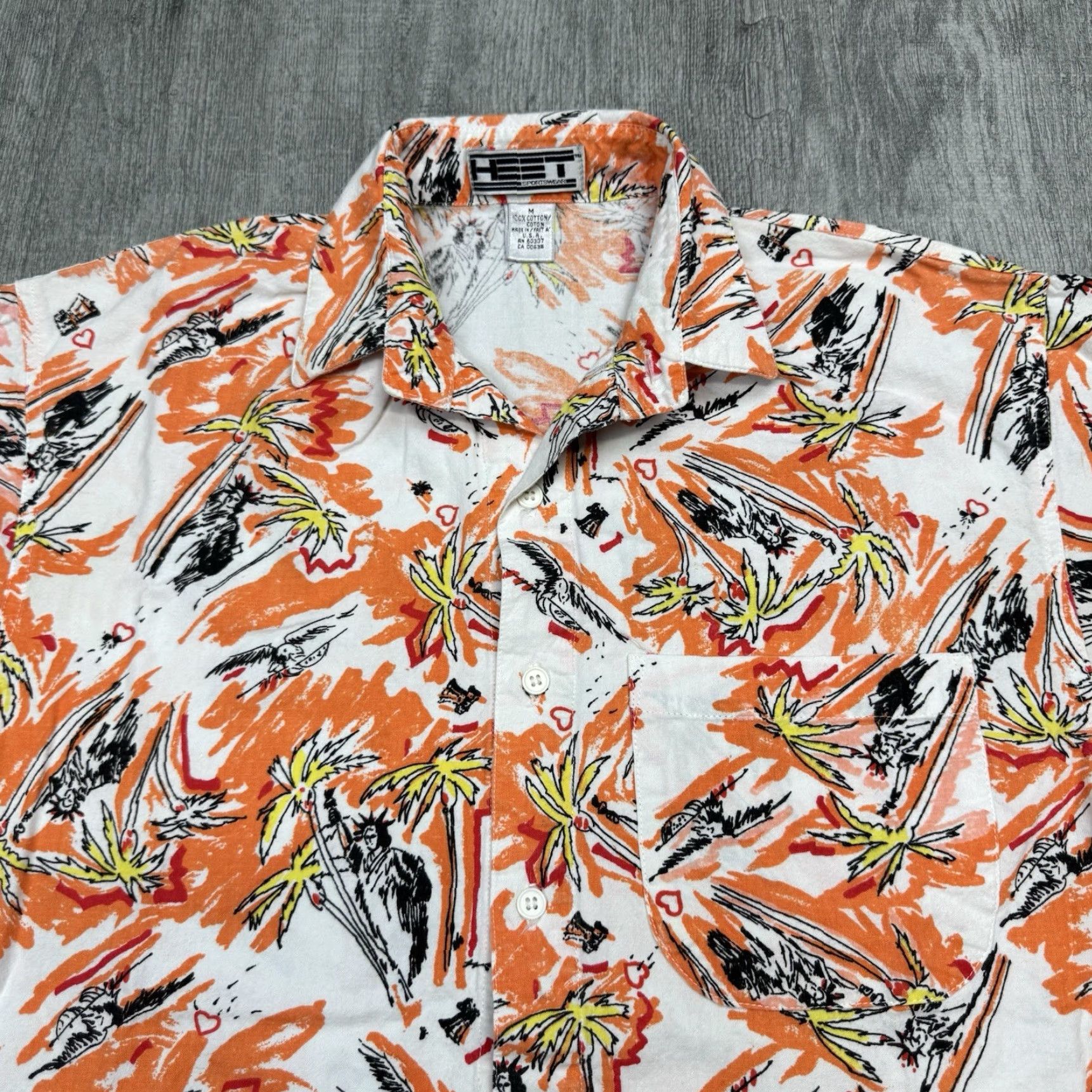 Vintage Vintage 1990s Heet Sportswear Men's Short Sleeve Button Shirt Tropical Orange Cotton NYC Statue of Liberty Summer Beach Party Size US M / EU 48-50 / 2 - 2 Thumbnail