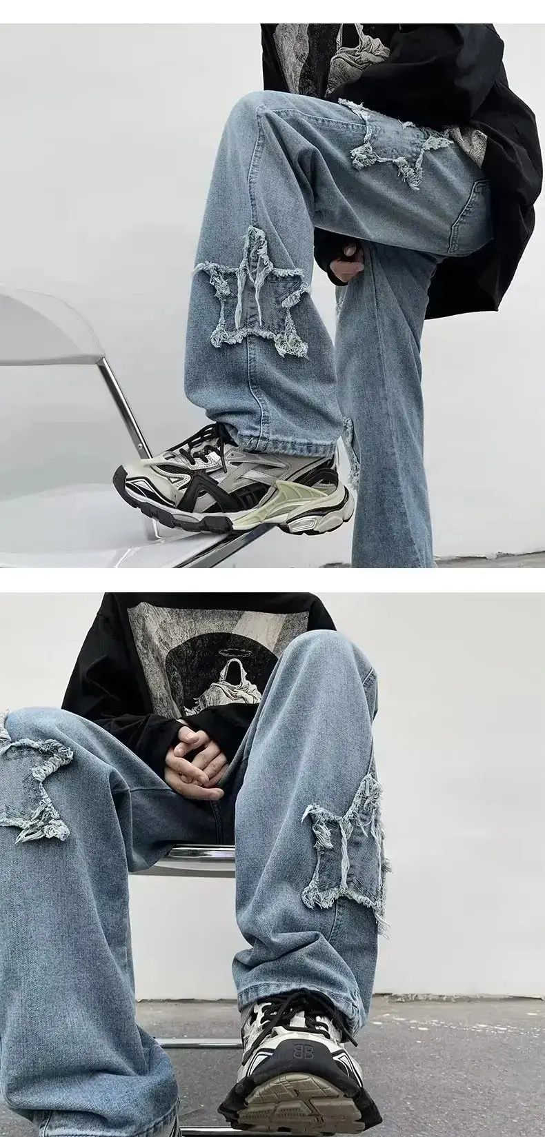 Japanese Brand baggy men's jeans stars embroidery Y2K hip-hop trousers Size US 32 / EU 48 - 4 Thumbnail