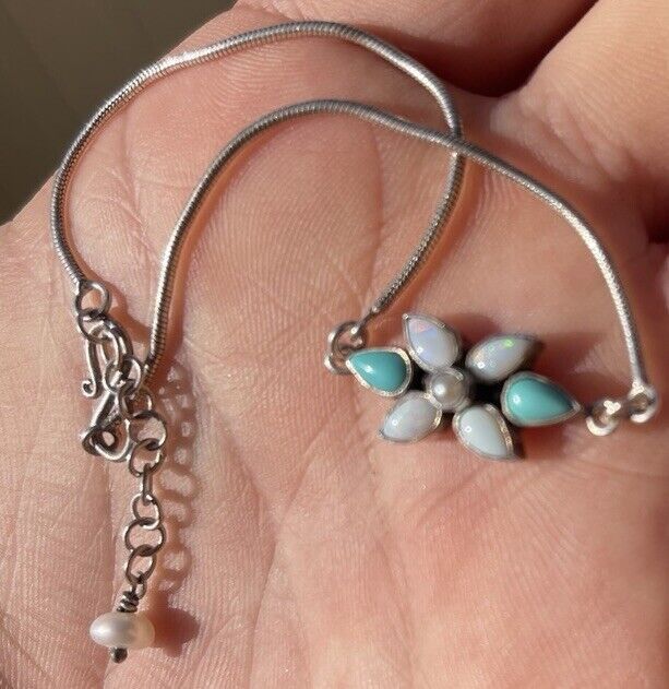 Native × Vintage Native American Zuni Sterling Silver Turquoise MOP Flower Bracelet 925SI Vtg Size ONE SIZE - 5 Thumbnail