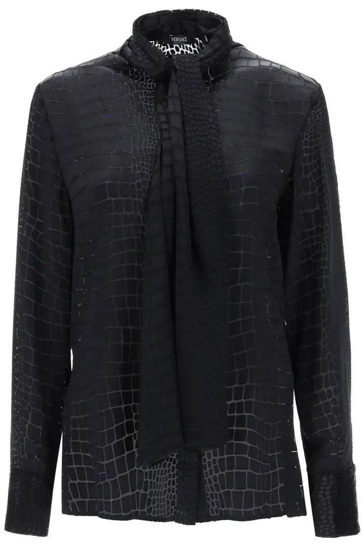 image of Versace O1S22I1N0324 Tie-Neck Shirt In Black, Women's (Size Small)