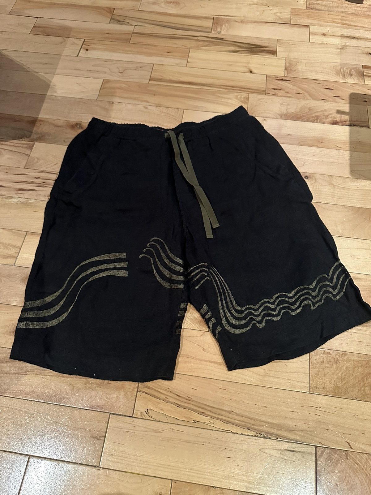 image of Maharishi Linen Lightweight Crushed Hemp Embroidered Shorts Large in Black, Men's (Size 34)