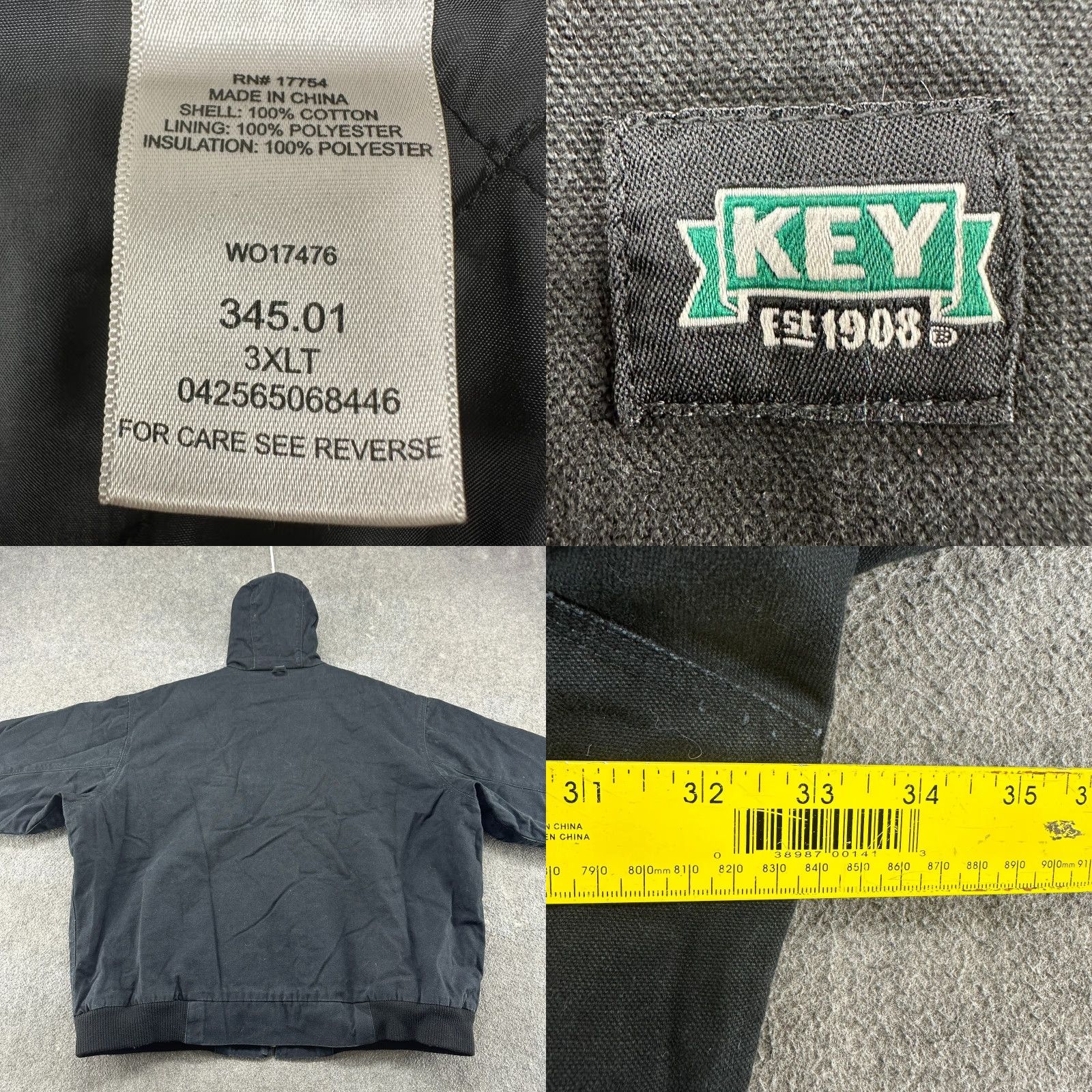 Vintage Key Jacket Mens 3XLT Black Full Zip Hooded Lined Bomber Jacket Workwear Canvas Cotton Size US XXL / EU 58 / 5 - 8 Thumbnail