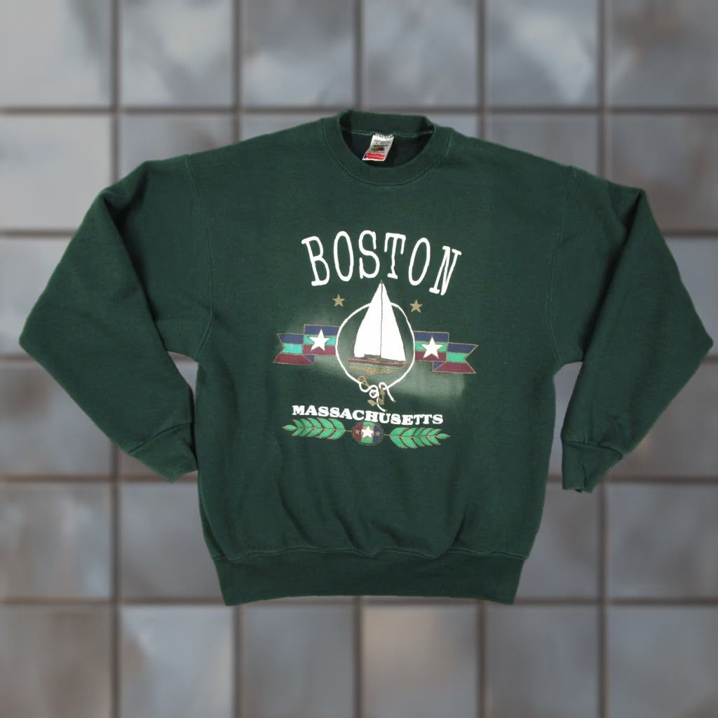 Fruit Of The Loom Vintage Fruit Of The Loom Boston MA Sweatshirt Mens Large Green Sailboat 90s Size US L / EU 52-54 / 3 - 1 Thumbnail