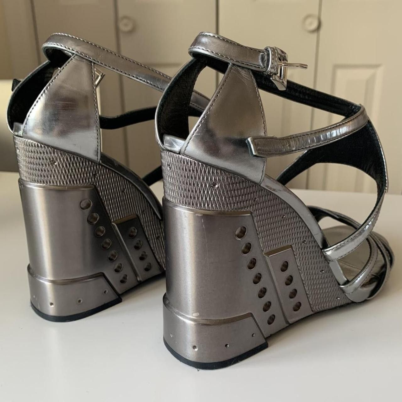 Prada Prada Metallic Silver Platform Wedges Size US 8 / IT 38 - 4 Thumbnail