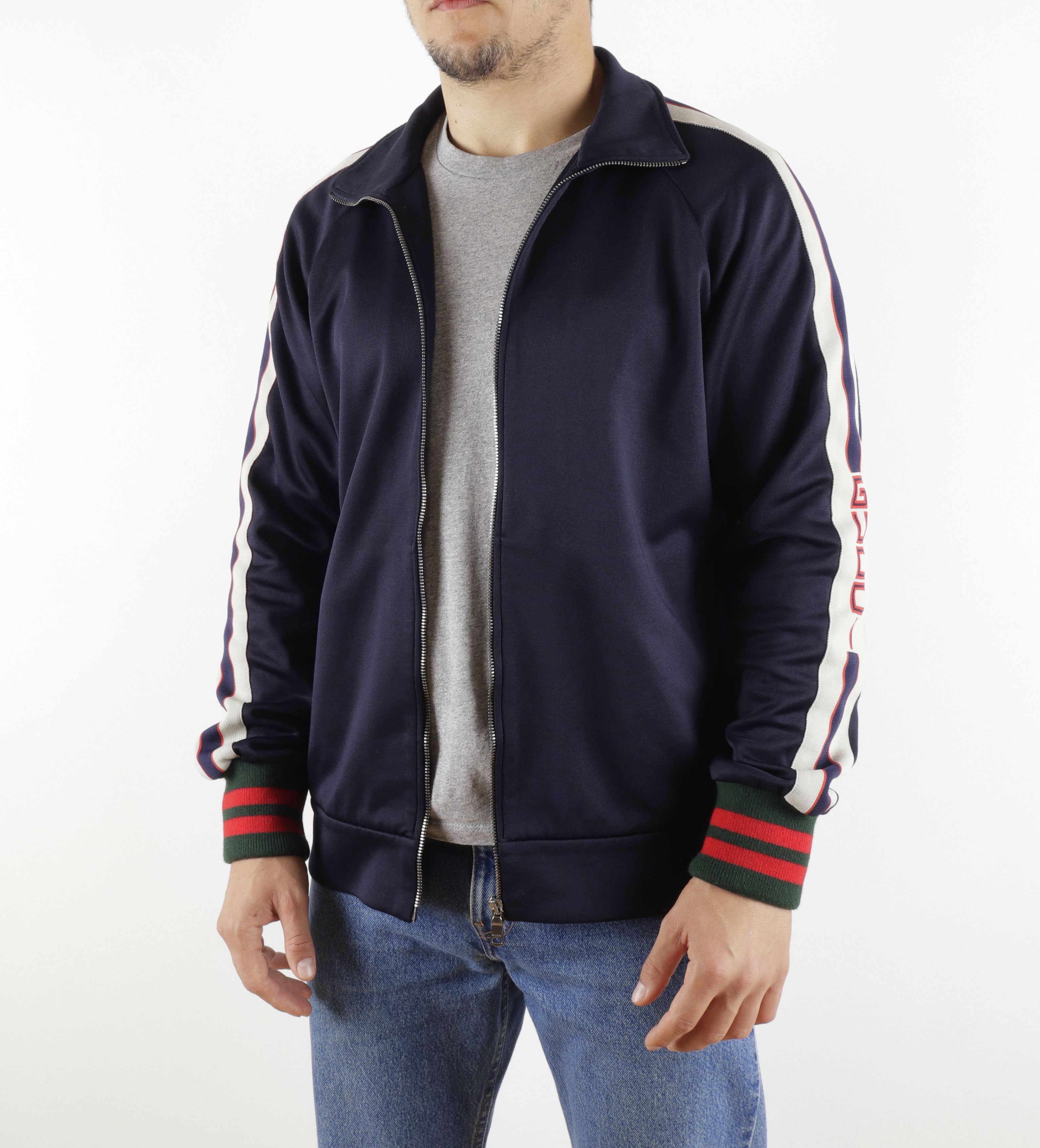 Gucci GUCCI Web Logo Navy Blue Jersey Track Zip-Up Jacket Size US M / EU 48-50 / 2 - 7 Thumbnail