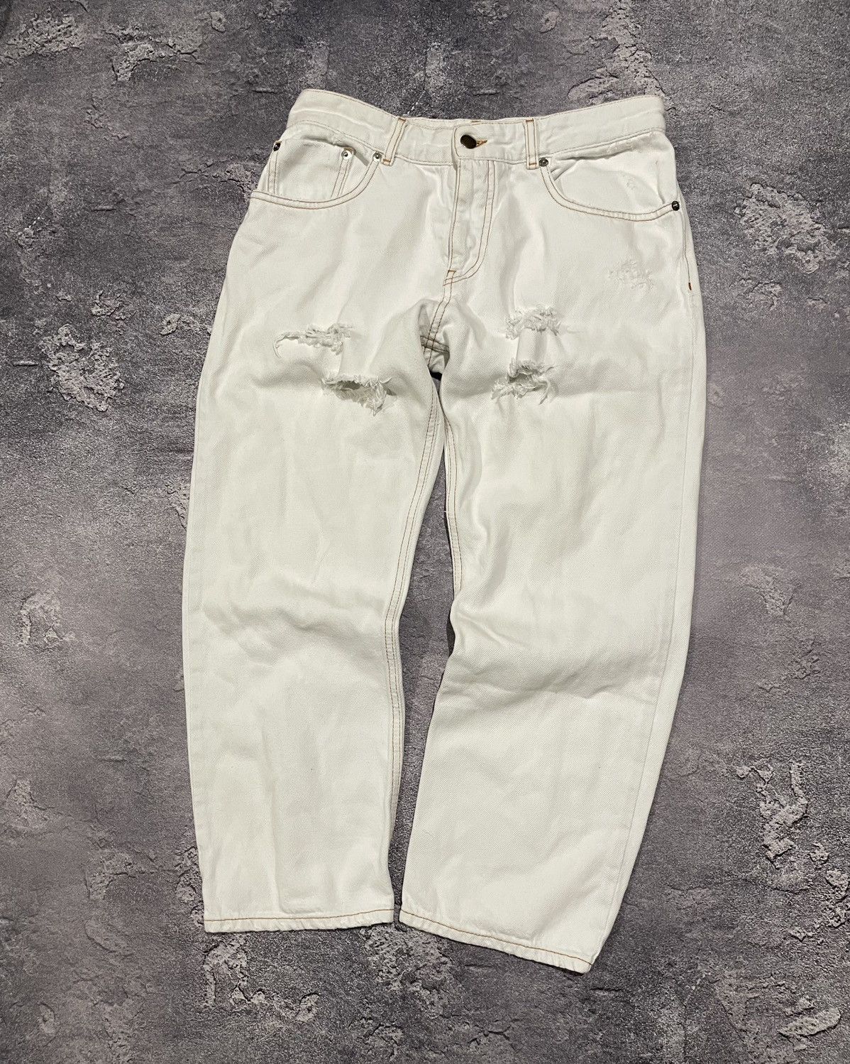 Designer Vintage MM6 Maison Margiela White Distressed Pants Jeans Size 28" / US 6 / IT 42 - 2 Thumbnail