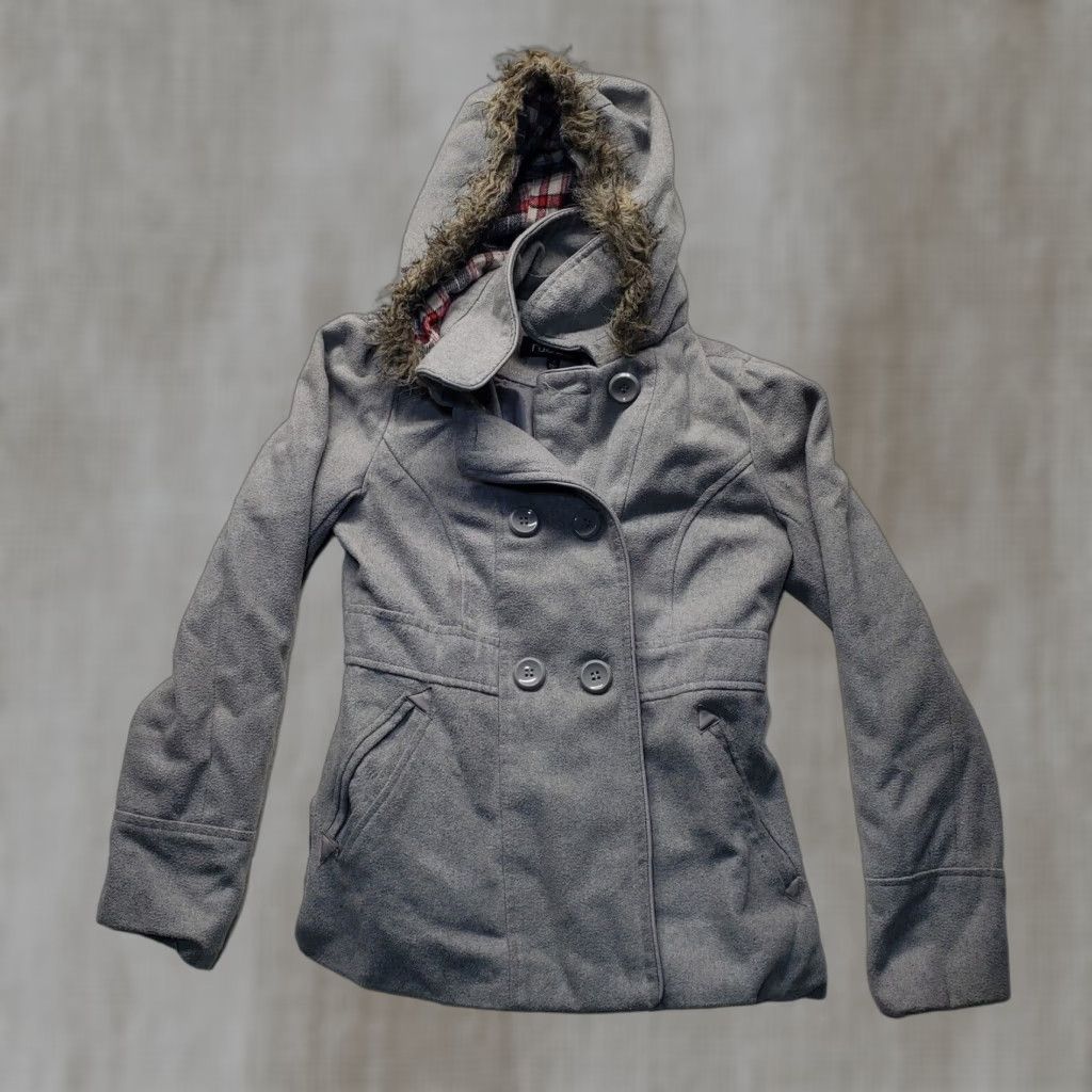 Vintage VINTAGE rue21 Pea Coat Jacket Gray Solid Winter Detachable Fuzzy Hood Adult Women Small 90s Designer Womens Size S / US 4 / IT 40 - 1 Thumbnail