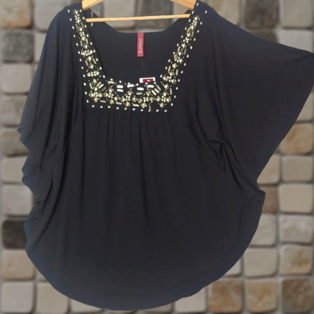 Vintage Gitano Shirt Women Plus 18/20 Black Flutter Sleeve Beaded NWT Knit Top Short Sleeve Size XXL / US 16-18 / IT 52-54 - 1 Thumbnail