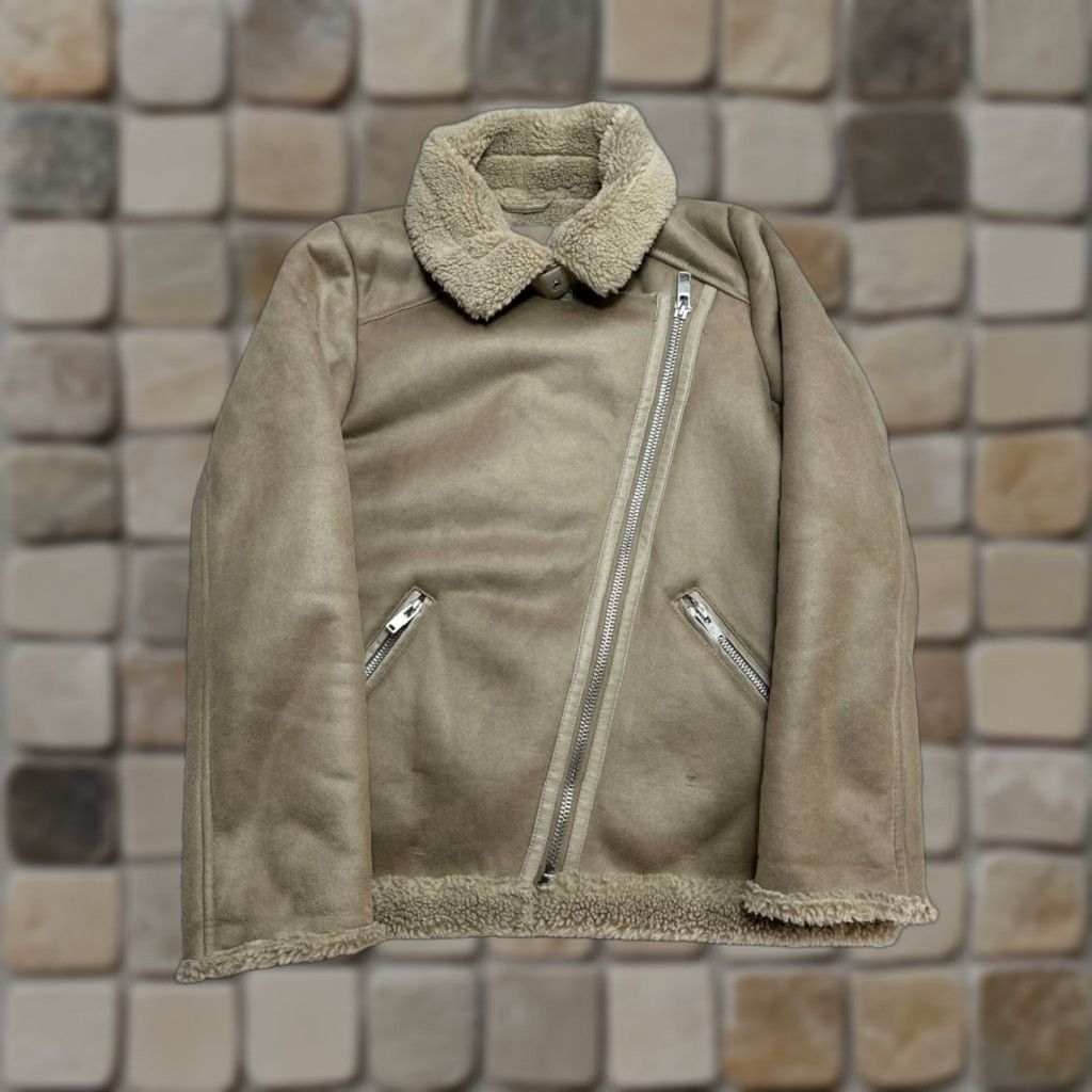 Zara Zara Biker Moto Jacket Women Small Beige Faux Leather Shearling Asymmetrical Zip Jacket Size S / US 4 / IT 40 - 1 Thumbnail