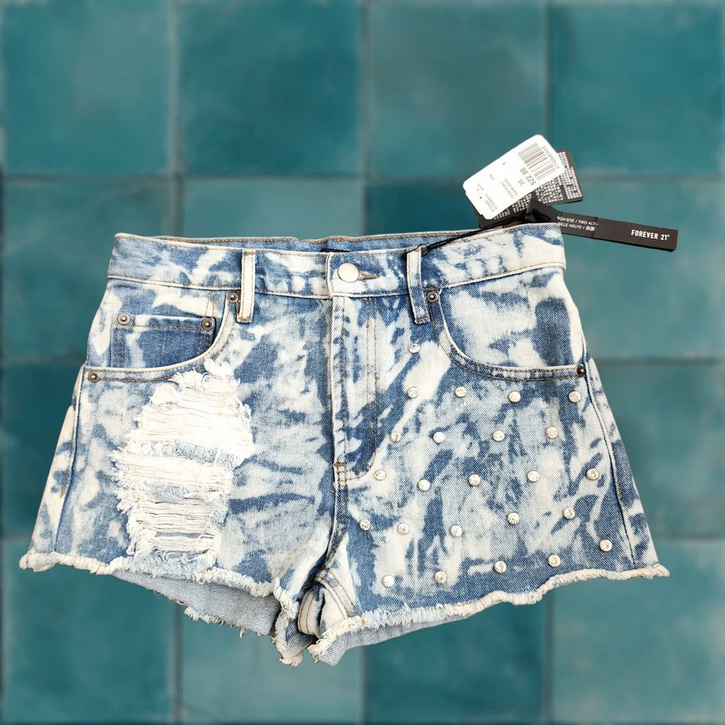 Forever 21 FOREVER 21 Women's Denim Shorts High Rise Distressed Embellished Blue 26 Regular Batik Party/Cocktail Summer Spring Fall Womens Size 26" / US 2 / IT 38 - 1 Thumbnail
