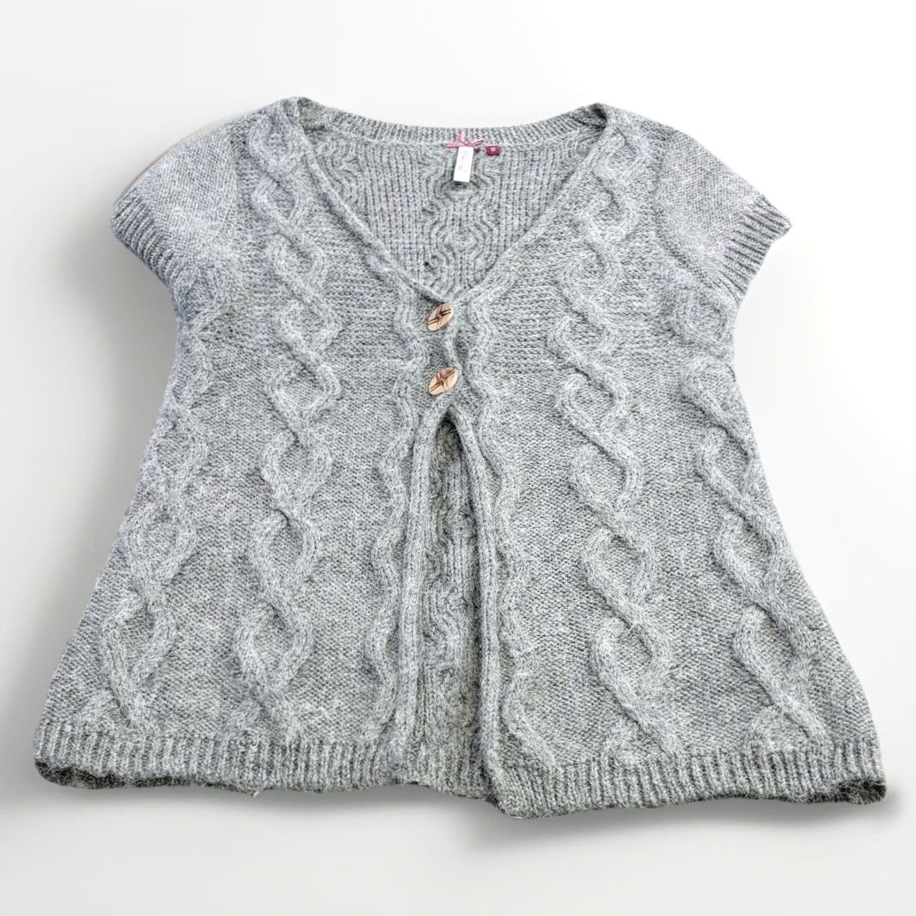 Vintage White Stuff Cardigan Grey Cable-Knit Short Sleeve UK12 Cap Sleeve Vest Adult Womens Cardigan, Alpaca Wool Blend, V-Neck, Hand Wash Only Size XL / US 12-14 / IT 48-50 - 2 Thumbnail