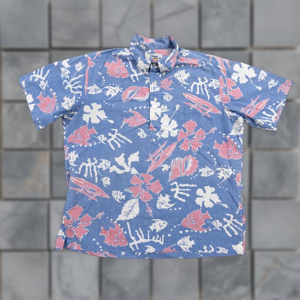 VINTAGE Reyn Spooner Polo Shirt Mens Large Blue Hawaiian Floral Fishes 90s Theme Mens Polo