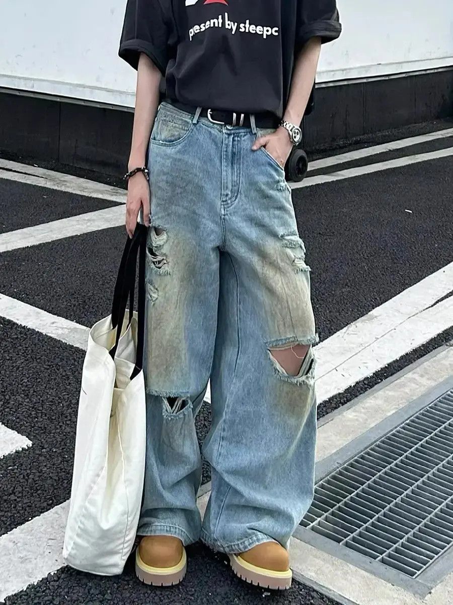 Japanese Brand Loose straight leg ripped jeans Size US 32 / EU 48 - 3 Thumbnail