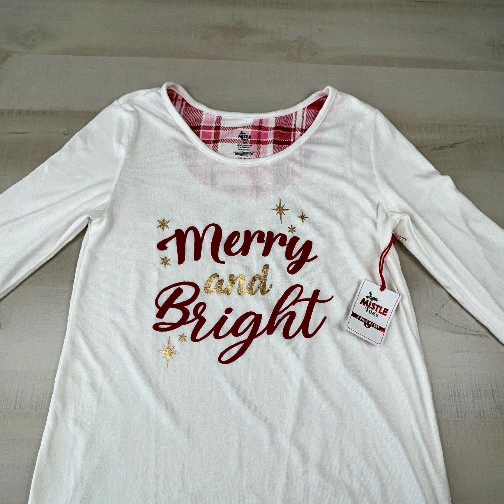 Vintage Mistle Toes Womens Pajama Top Medium Cream Christmas Merry and Bright New - Ivory - Long Sleeve Round Neck Knit Polyester Spandex 2 Piece Top Only"} Size M / US 6-8 / IT 42-44 - 2 Thumbnail