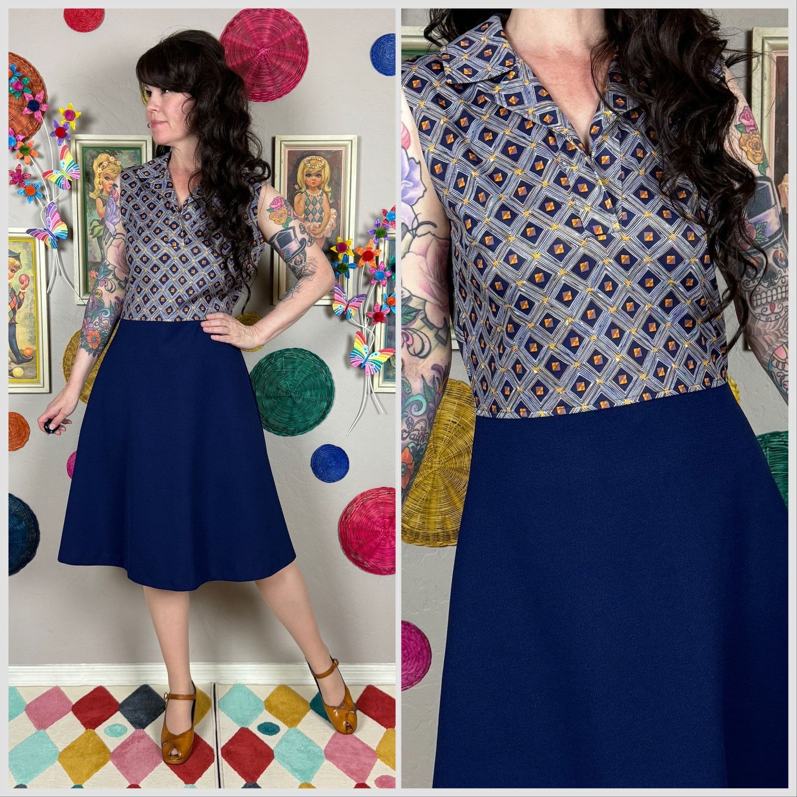 Vintage Vintage 1970s Blue Sleeveless Collar A-Line Minidress Size M / US 6-8 / IT 42-44 - 1 Thumbnail