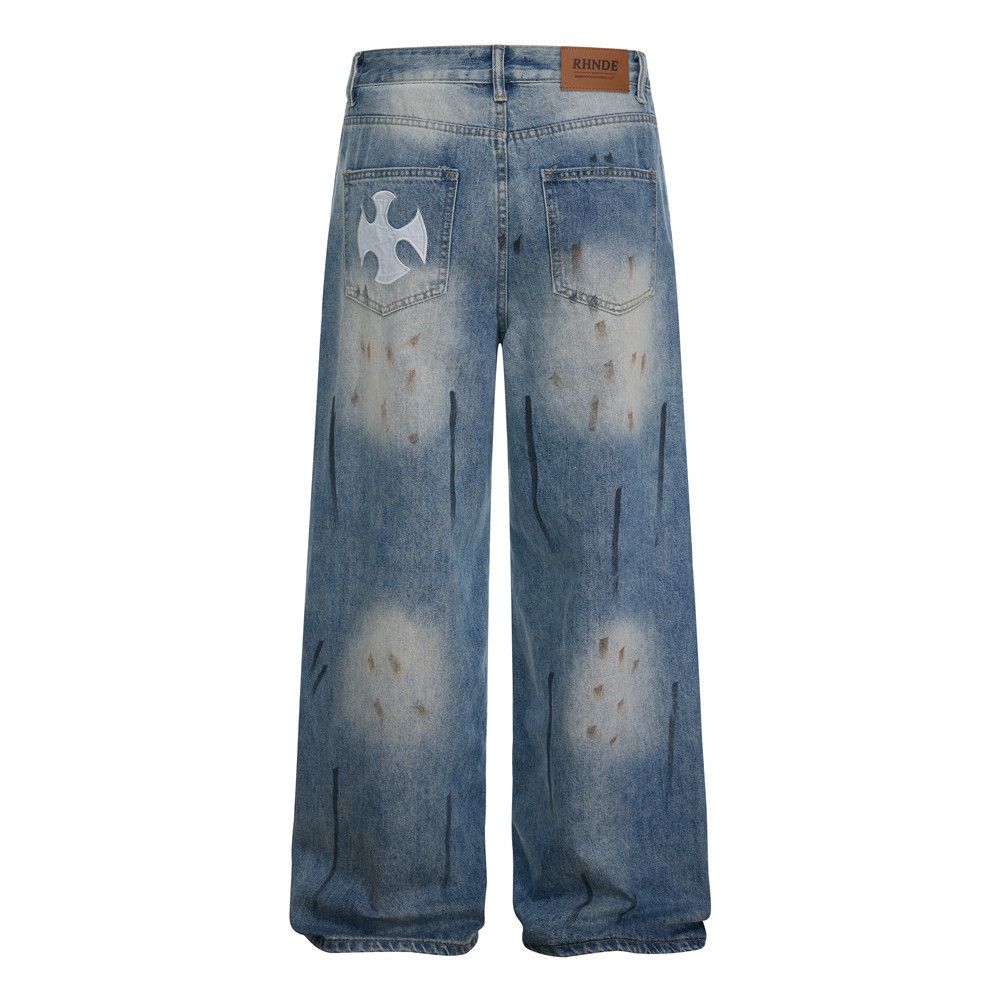 Vintage Men's loose washed gradient distressed dirty jeans Size US 32 / EU 48 - 2 Thumbnail